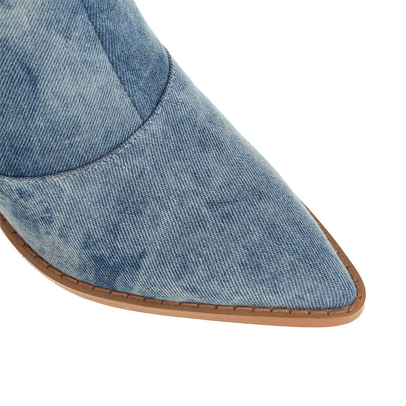 Cowboylaarzen Vrouw Blauw Denim Leer Western Stijl