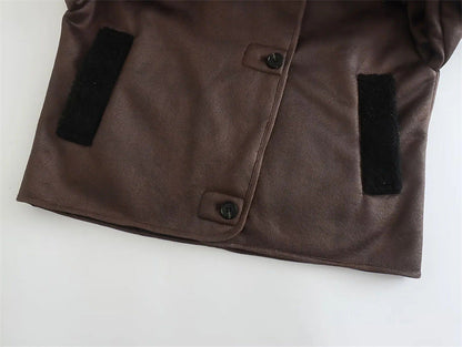 Dames Leren Pilotenjas Oversized Teddy Voering Met Zakken