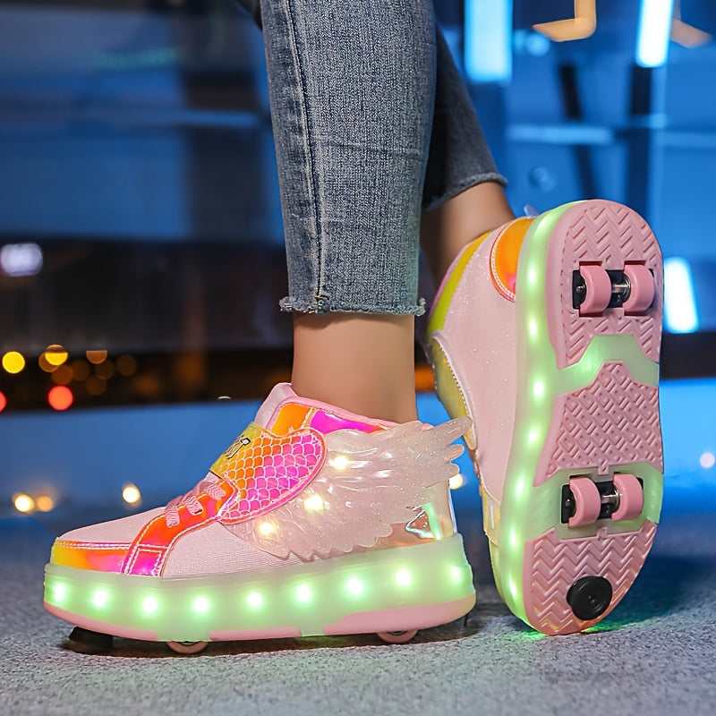 Rolschaats Sneakers USB Oplaadbaar Roze met Vleugels Kinderen Tieners Lichtgevende Skeelerschoenen LED Sneakers met Wielen voor Buiten