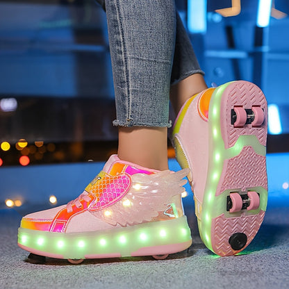 Rolschaats Sneakers USB Oplaadbaar Roze met Vleugels Kinderen Tieners Lichtgevende Skeelerschoenen LED Sneakers met Wielen voor Buiten