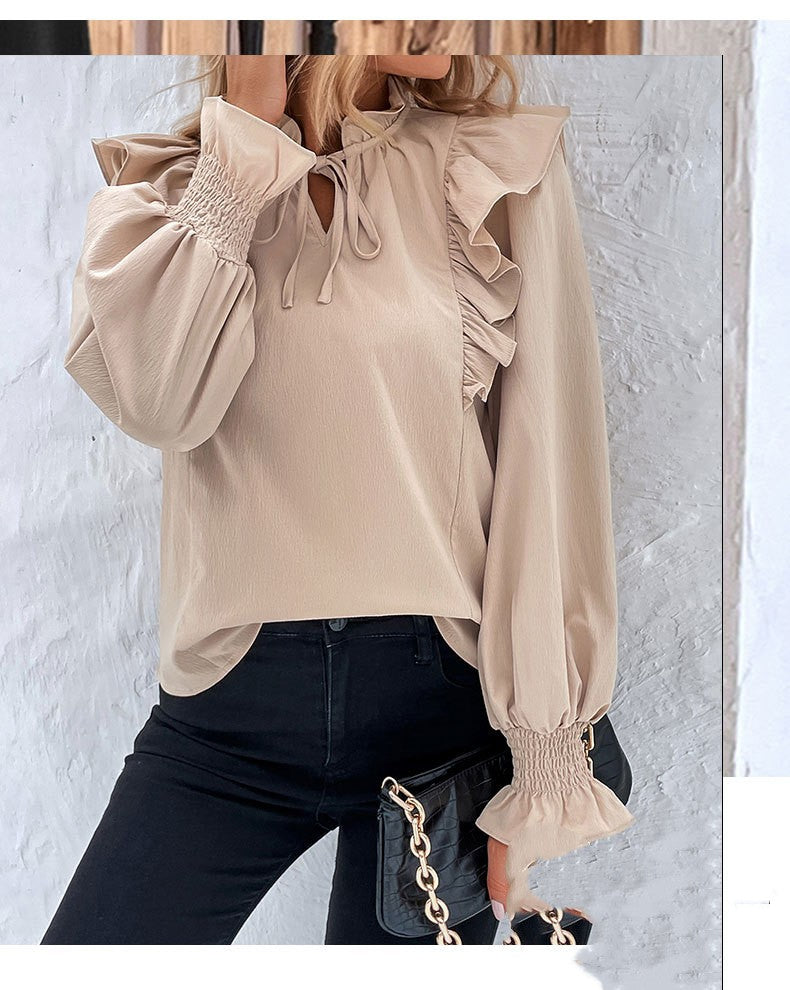 Dames Blouse Beige Ruches Romantische Stijl