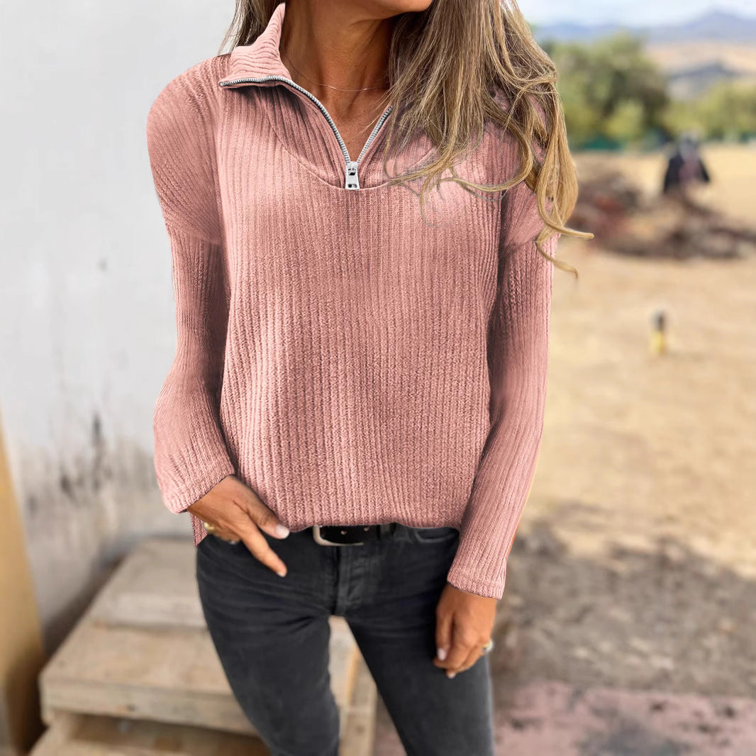 Dames Trui met Halve Rits en Ribbelstructuur Elegante Basislook → Dames Trui Halve Rits Ribbelstructuur Elegante Basislook