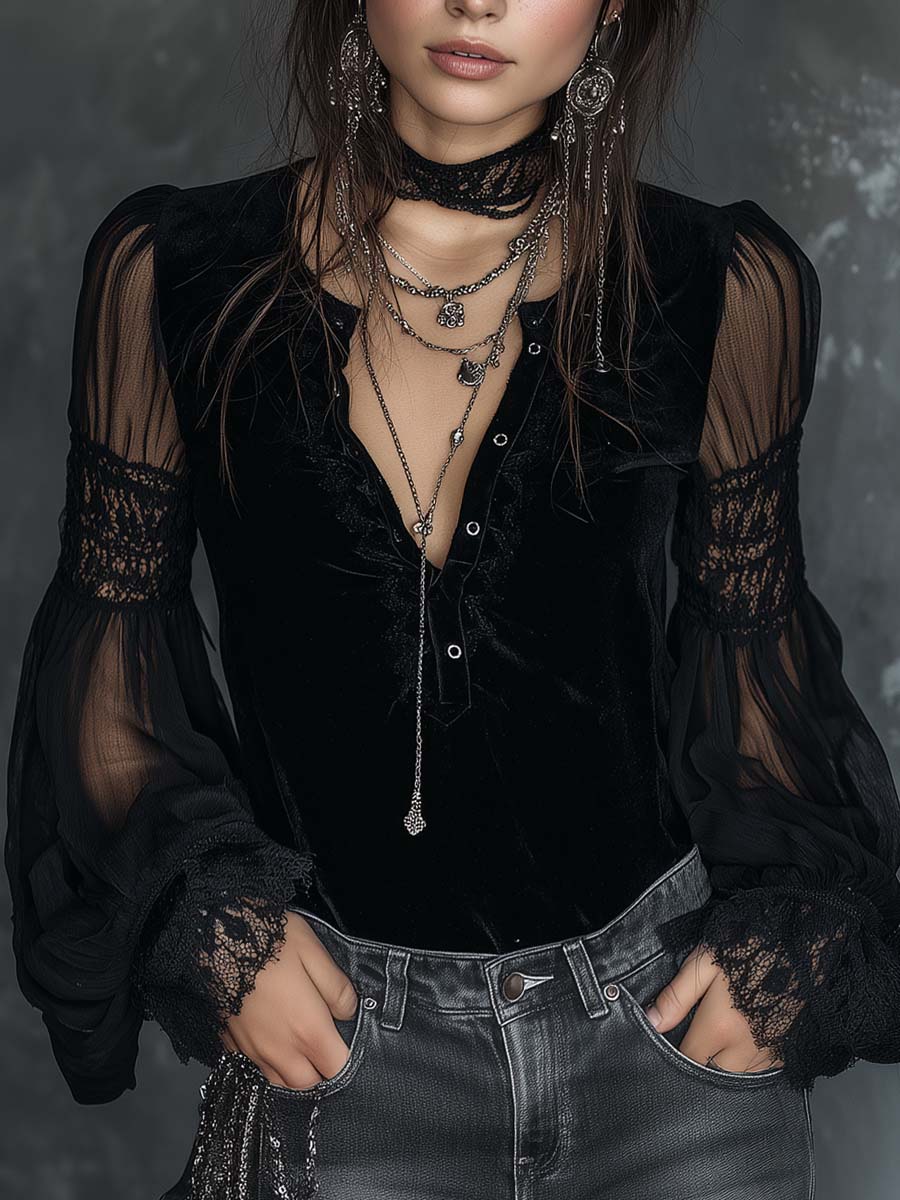 Dames Fluwelen Blouse met Kant en Doorzichtige Mouwen - StudioMarella