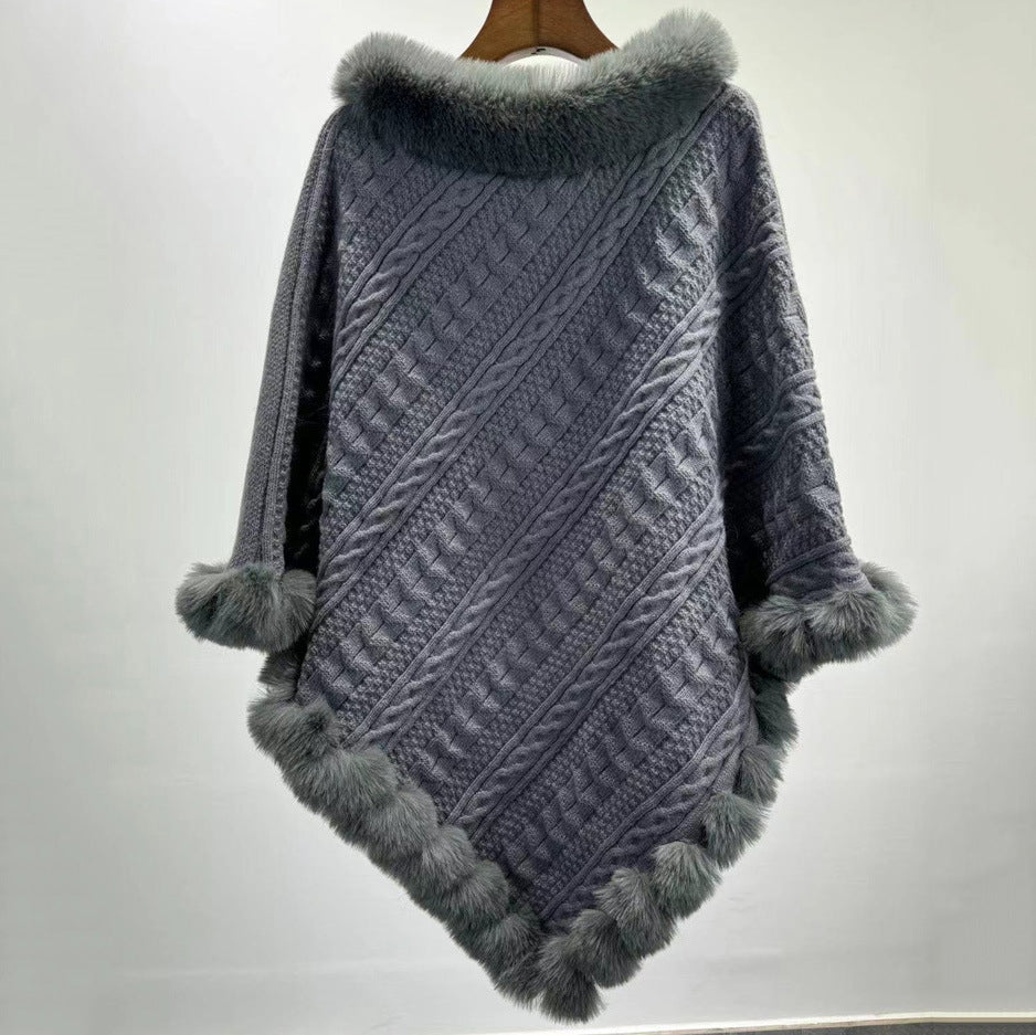Dames Sjaal Cape met Kunstbont Kraag Gebreid Warm
