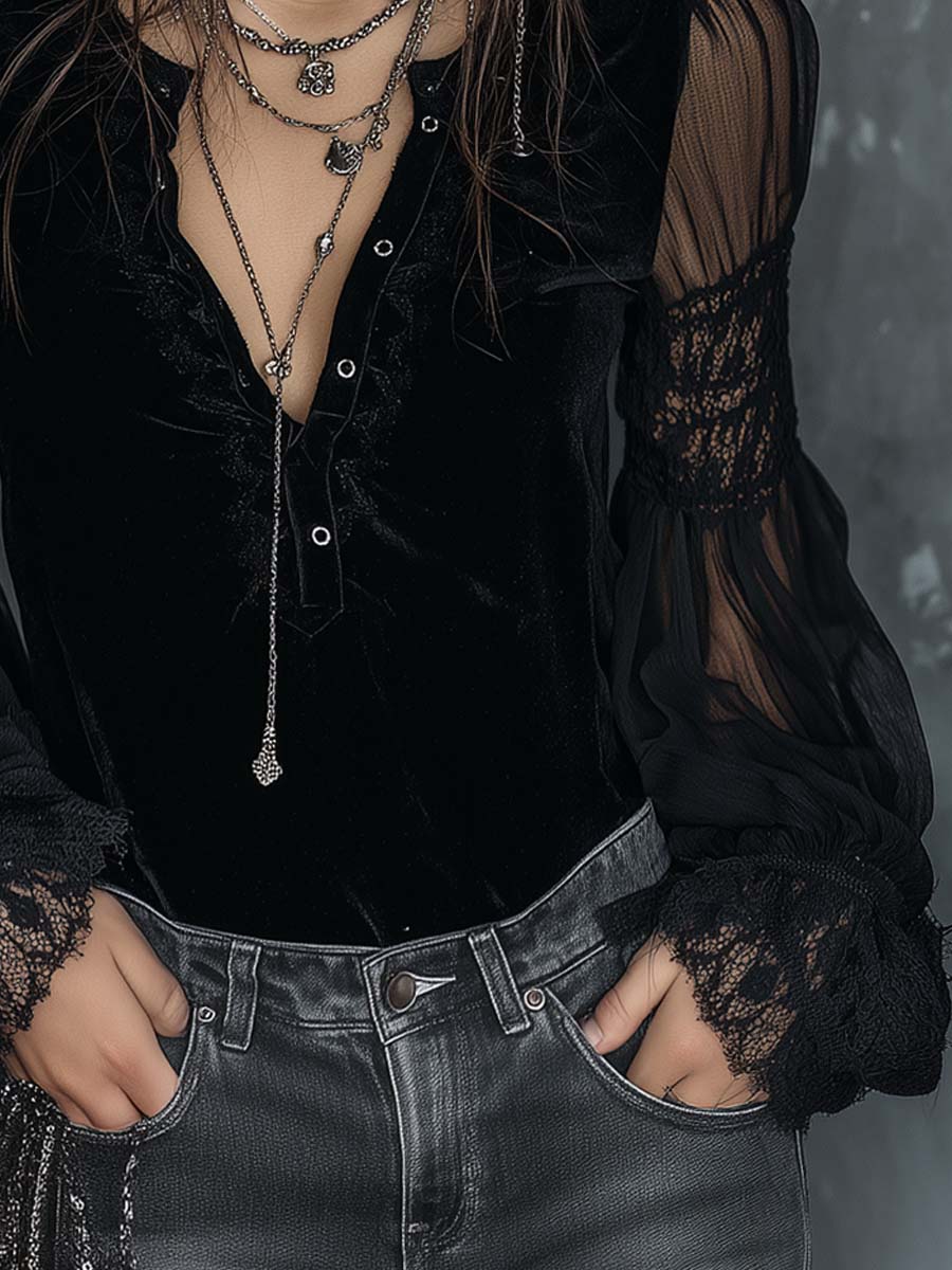 Dames Fluwelen Blouse met Kant en Doorzichtige Mouwen