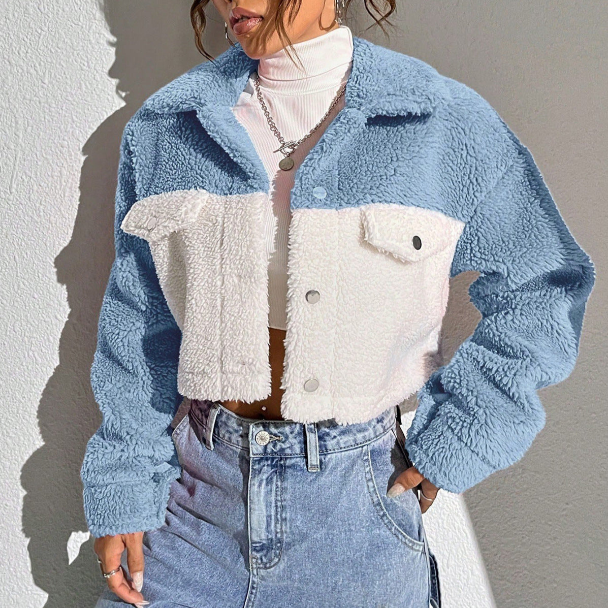 Dames Teddyjas Met Kraag En Contrasterende Kleuren → Dames Teddyjas Warm Met Kraag En Felle Kleuren