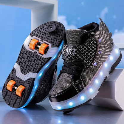 Rolschaats Sneakers USB Oplaadbaar Roze met Vleugels Kinderen Tieners Lichtgevende Skeelerschoenen LED Sneakers met Wielen voor Buiten