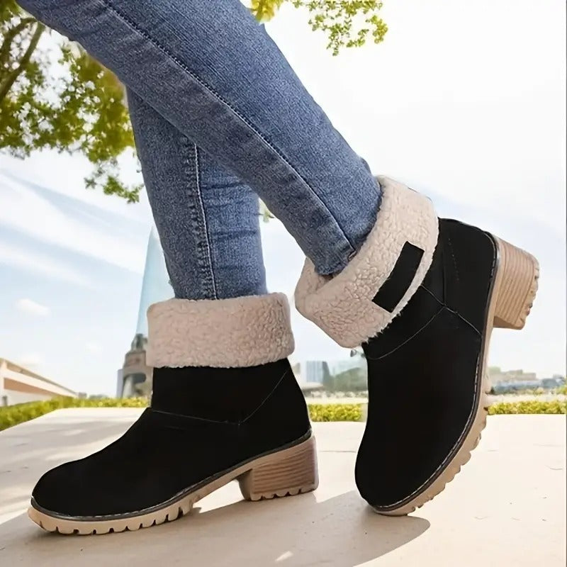 Winterlaarzen Dames met Lage Blokhak Comfortabel Antislip Warme Voering Stretch Zwart Groen Rood Elegante Laarzen