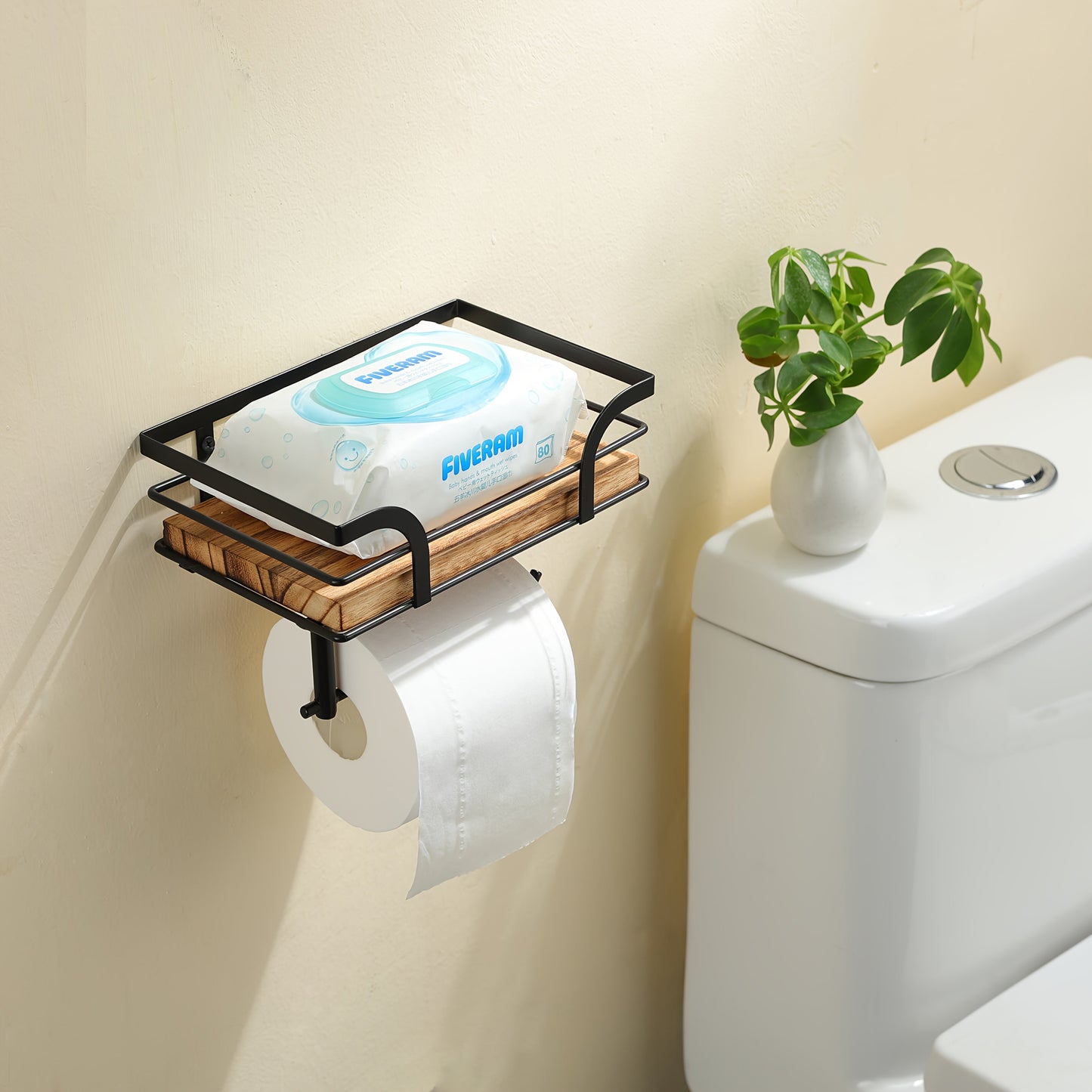 Wandplank Badkamer Smeedijzer Hout met Toiletrolhouder 20cm Zwart Toilet Opberger Wc Rek Muurplank