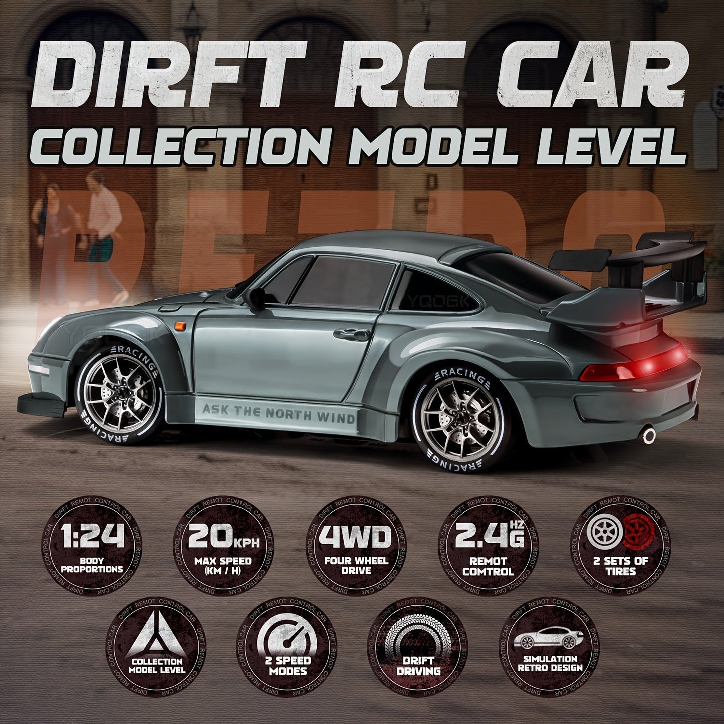 RC drift auto 1:24 4WD grijs met verlichte wielen afstandsbediening extra banden driftauto speelgoed auto usb oplaadbaar