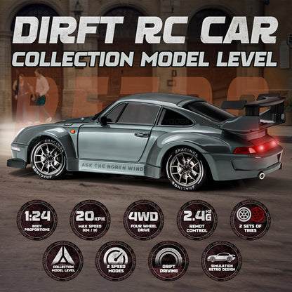 RC drift auto 1:24 4WD grijs met verlichte wielen afstandsbediening extra banden driftauto speelgoed auto usb oplaadbaar