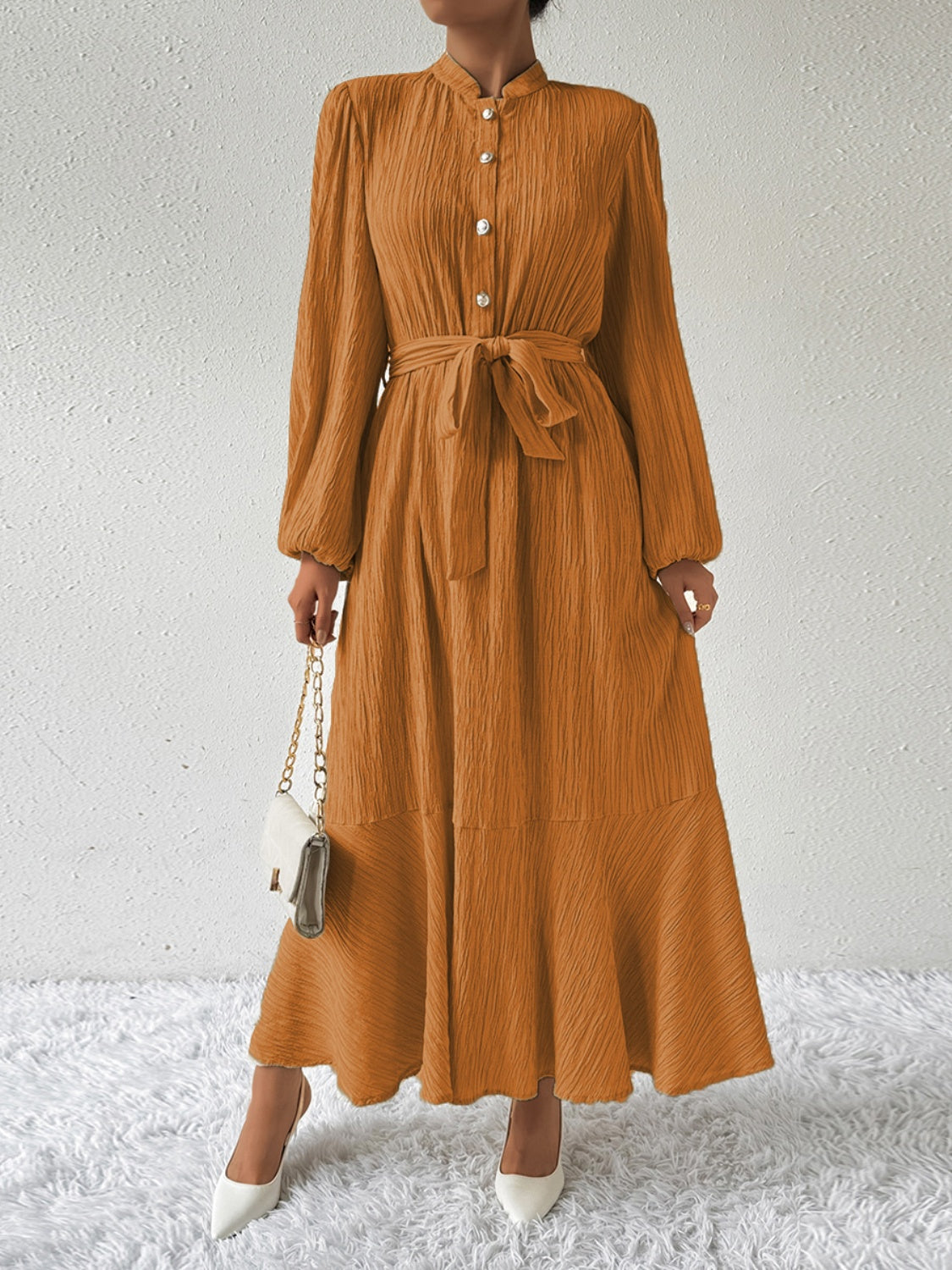 Vrouwelijke Jurk Lange Mouwen Taille Jurk met Accent