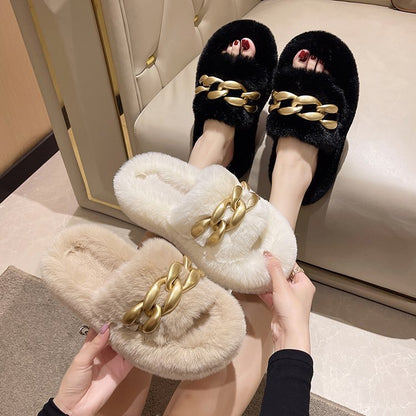 Dames Slippers Faux Fur Luxe met Ketting Detail - StudioMarella