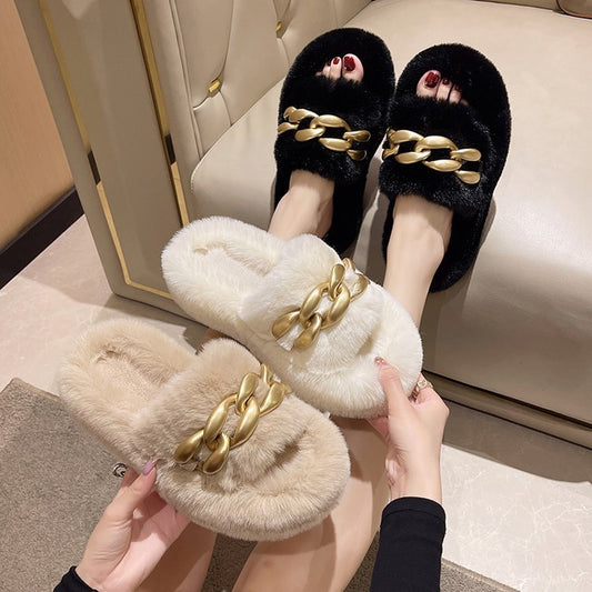 Dames Slippers Faux Fur Luxe met Ketting Detail - StudioMarella
