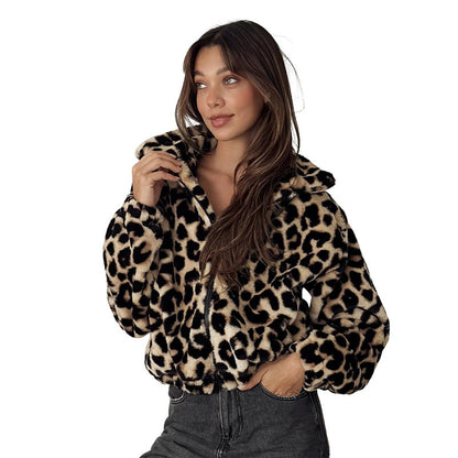 Dames Faux Fur Jas Kort Leopard Print Stijlvol