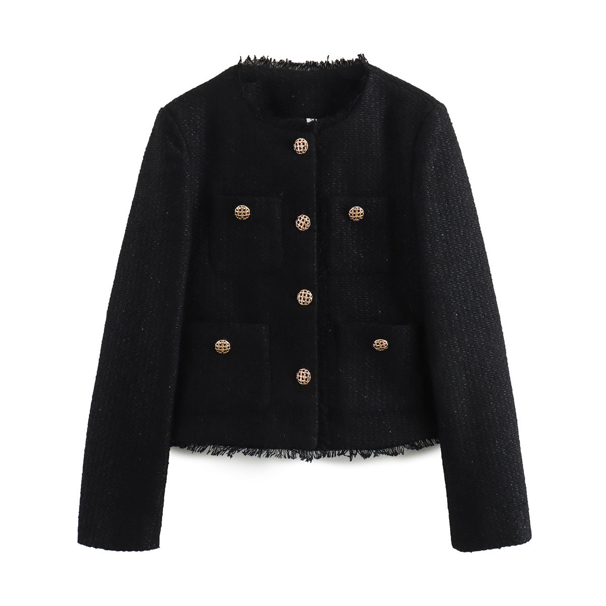 Dames Jas Boucle Stijlvol Goud Geheel Met Zakken