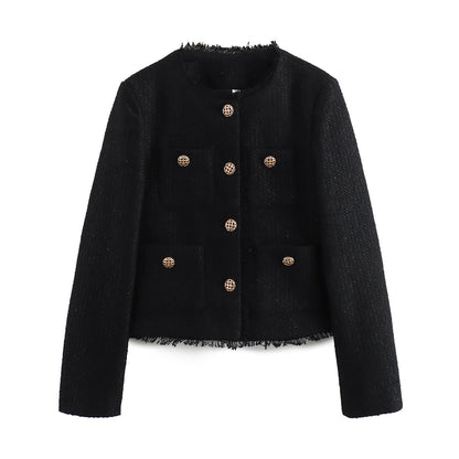 Dames Jas Boucle Stijlvol Goud Geheel Met Zakken