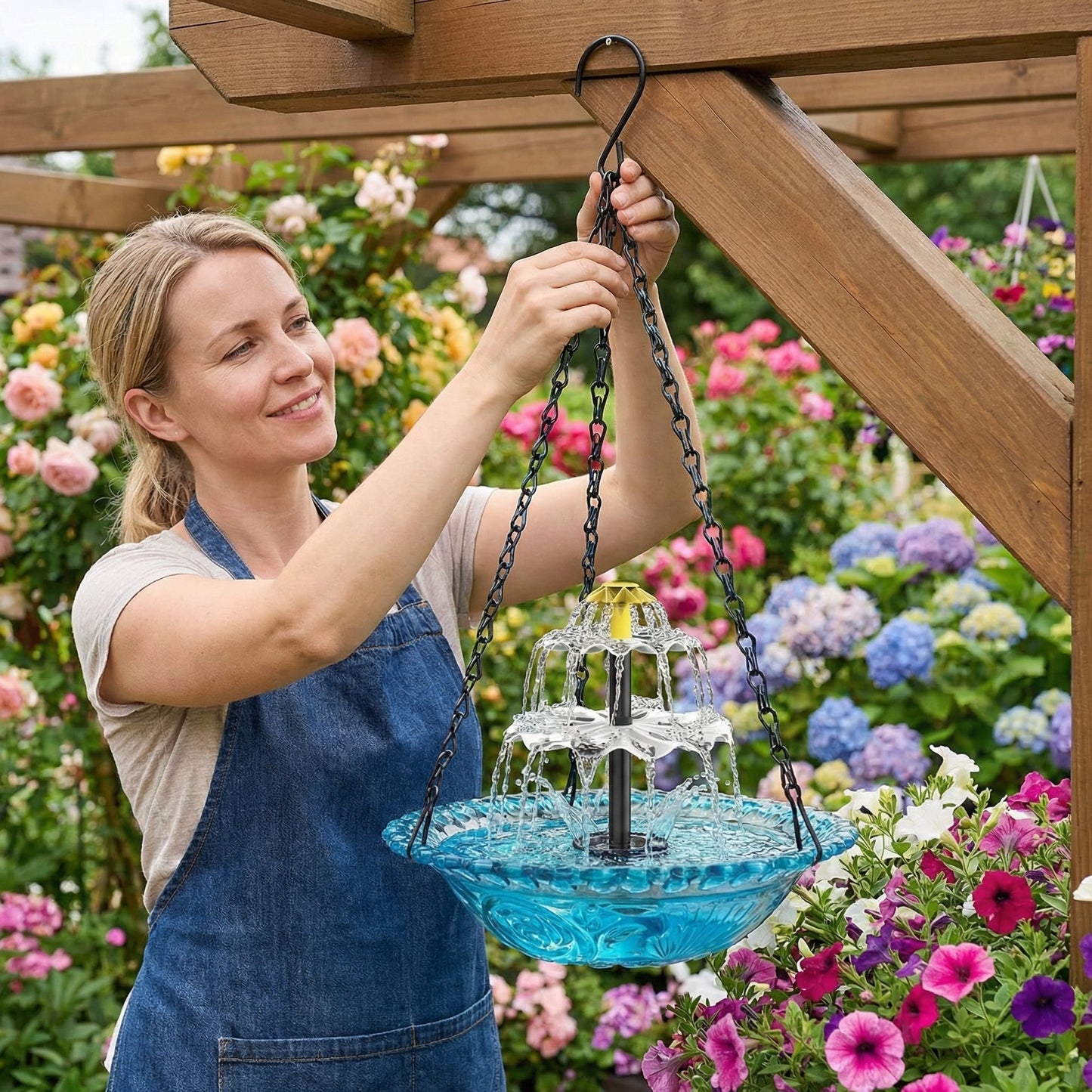 Hangende Zonnevogeldrinkbak Glas Fontein 2-Traps 25,5cm Tuin Terras Balkon Zonne-energie Kabellos Vogelbad Waterval Blauw Roze Zwart