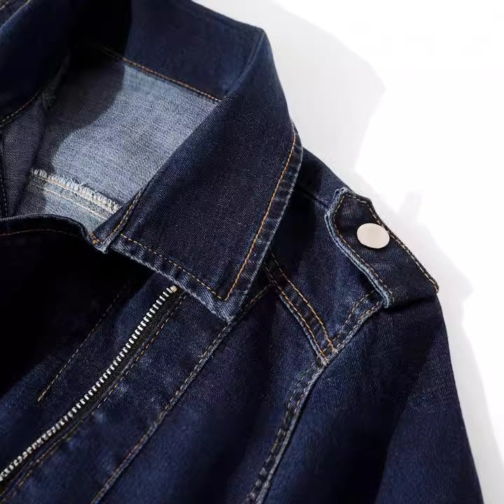 Dames Bikerjas Donkerblauw Denim Slimfit Model