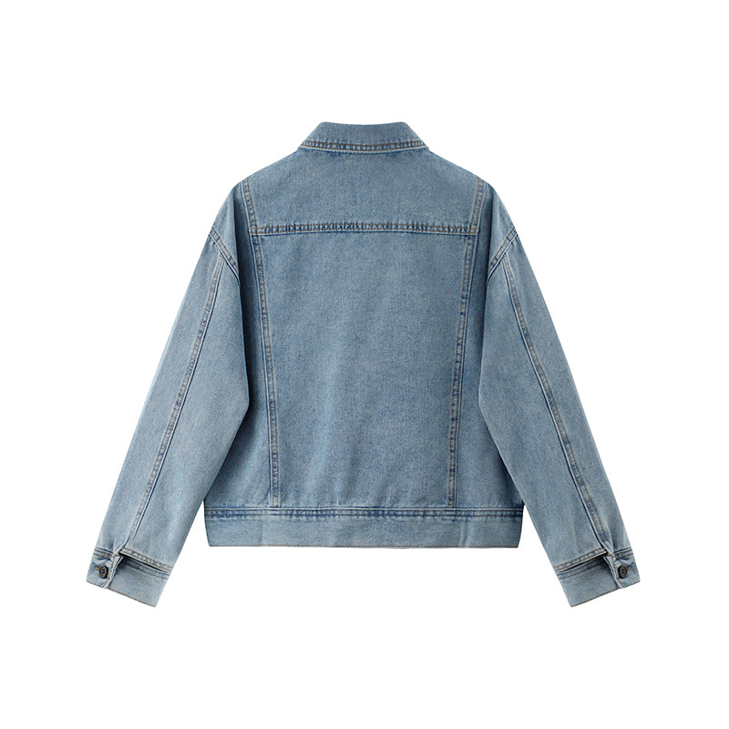 Dames Biker Jacket Kort Denim Model Met Grote Kraag → Korte Dames Biker Jas Denim Met Grote Kraag