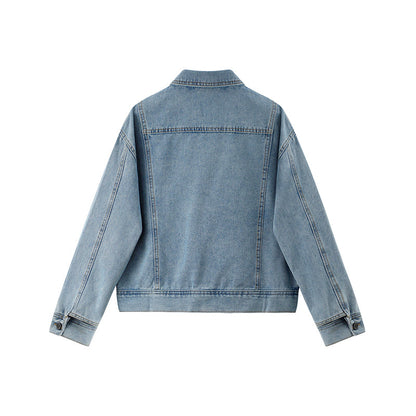 Dames Biker Jacket Kort Denim Model Met Grote Kraag → Korte Dames Biker Jas Denim Met Grote Kraag