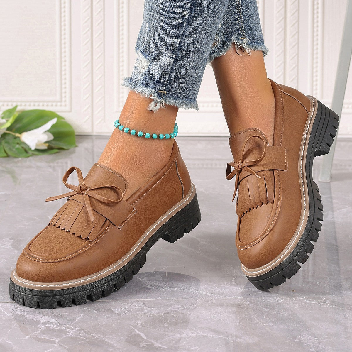Dames Loafers Met Strik en Dikke Zool