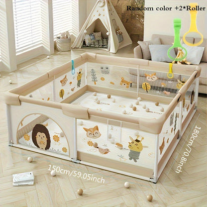 Babyspeelbox met Zacht Zijvlak en Dierprint voor Veilig Spelen | Scandinavische Kinderkamerdecoratie voor Ontdekkende Peuters | Opvouwbare Speelruimte met Kleurrijk Design