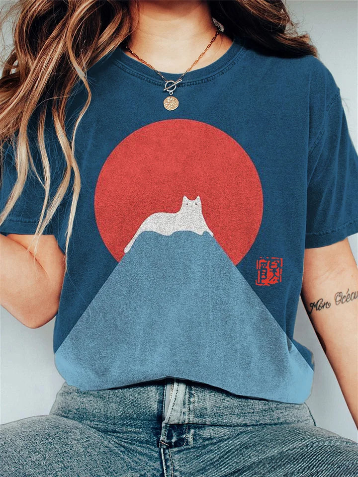 Katoenen T-shirt Grappige Kat en Berg Print Dames en Heren