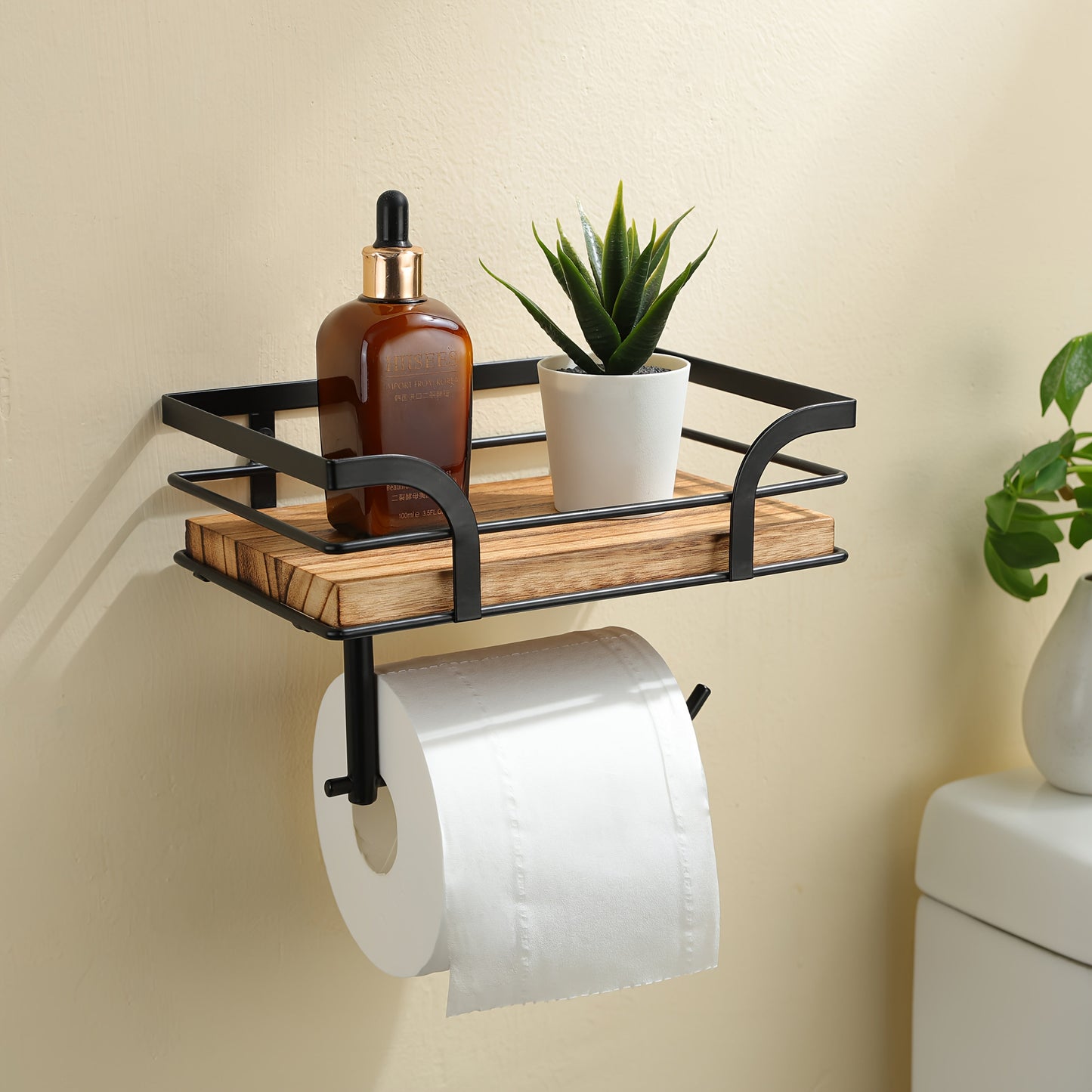 Wandplank Badkamer Smeedijzer Hout met Toiletrolhouder 20cm Zwart Toilet Opberger Wc Rek Muurplank