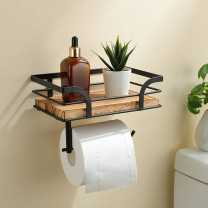 Wandplank Badkamer Smeedijzer Hout met Toiletrolhouder 20cm Zwart Toilet Opberger Wc Rek Muurplank