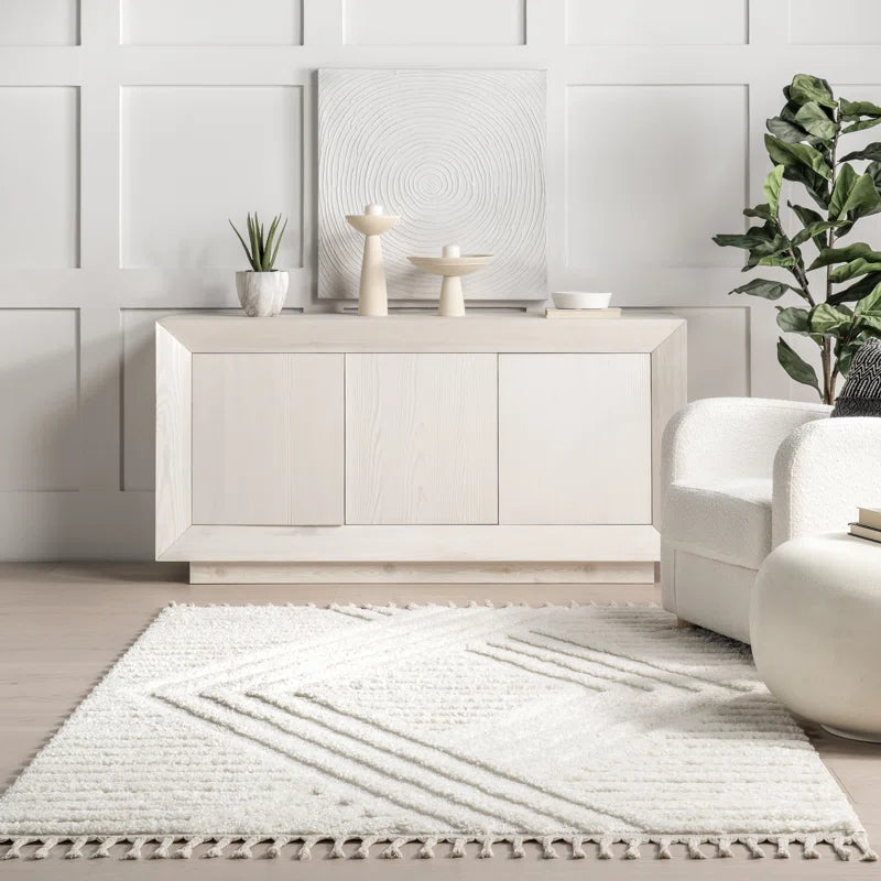 Japandi Vloerkleed Hoogpolig Geometrisch Franjes Creme Polypropeen Woonkamer Slaapkamer