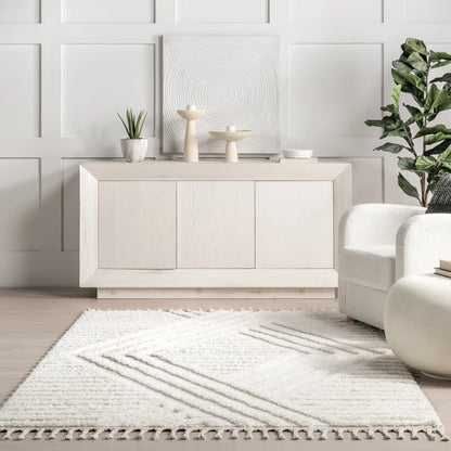 Japandi Vloerkleed Hoogpolig Geometrisch Franjes Creme Polypropeen Woonkamer Slaapkamer