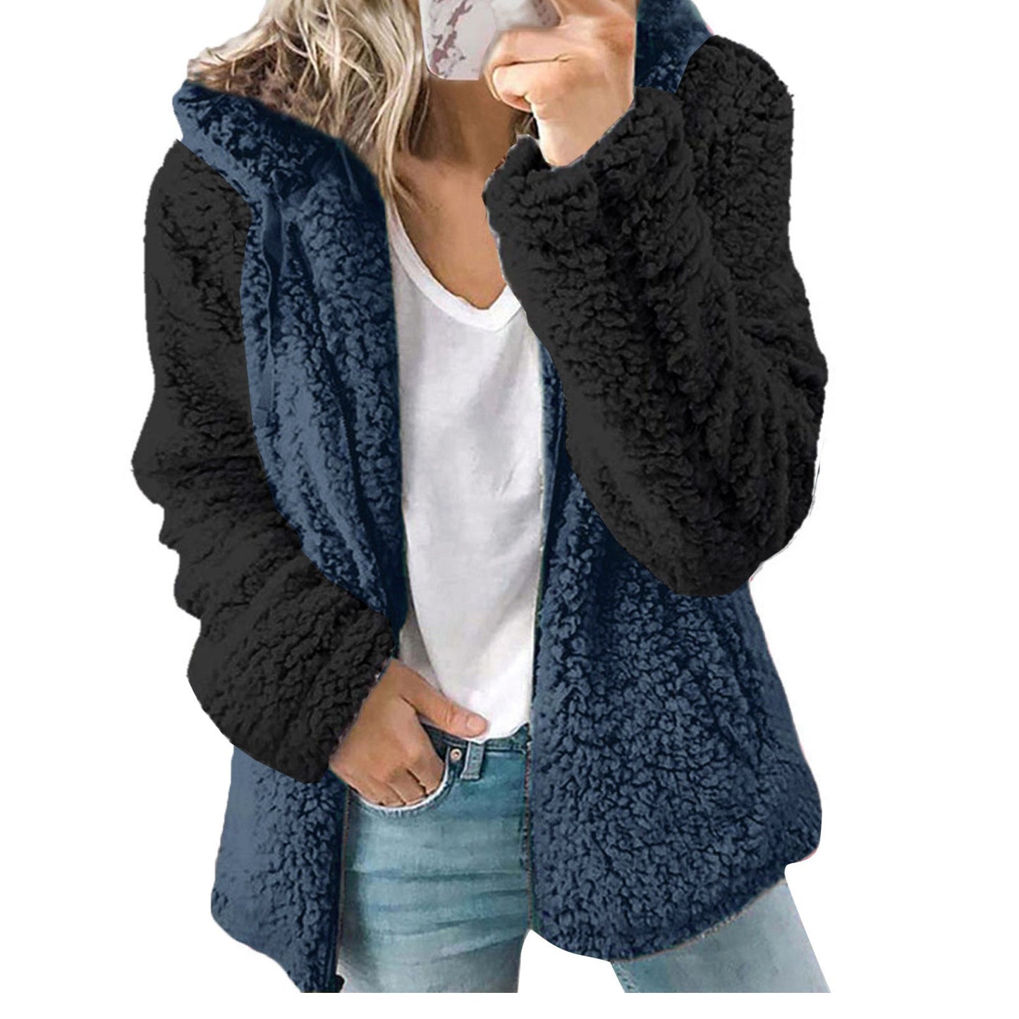 Dames Fleece Vest Zacht met Kap en Contrasterende Mouwen