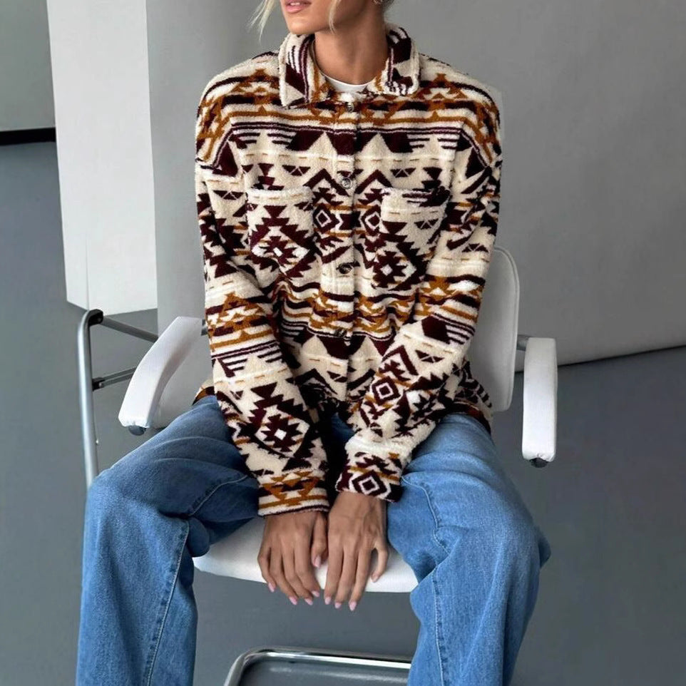 Dames Fleece Jas Warm Etnisch Print Trendy