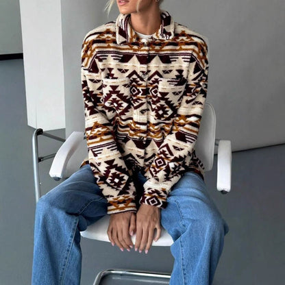 Dames Fleece Jas Warm Etnisch Print Trendy