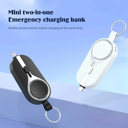 Draadloze oplaadclip powerbank karabijnhaak compact zwart telefoon smartwatch oplader sleutelhanger draagbare lader