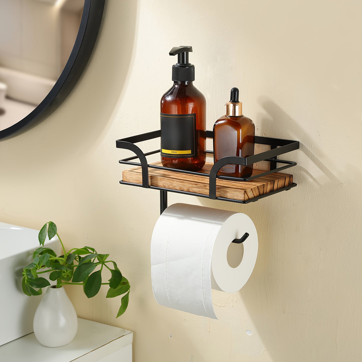 Wandplank Badkamer Smeedijzer Hout met Toiletrolhouder 20cm Zwart Toilet Opberger Wc Rek Muurplank