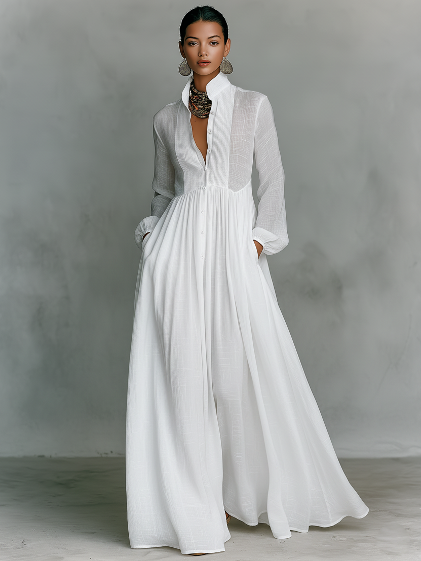 Dames maxi-jurk linnen patchwork staande kraag