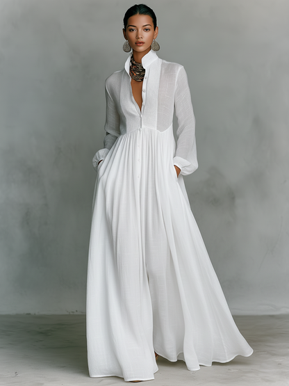 Dames maxi-jurk linnen patchwork staande kraag