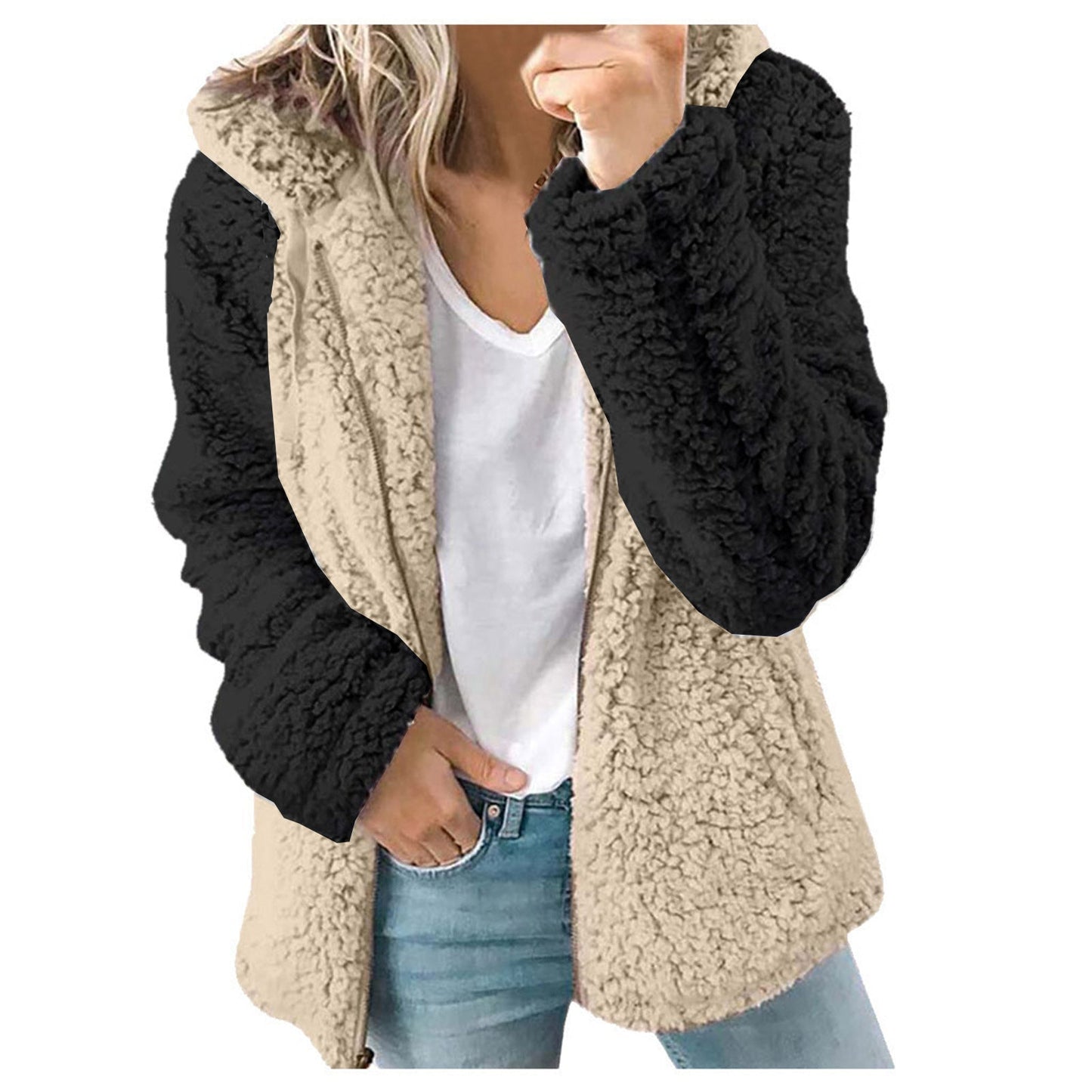 Dames Fleece Vest Zacht met Kap en Contrasterende Mouwen