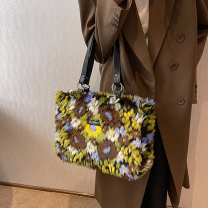 Dames Schoudertas Bloemenprint Pluche Tote Tas