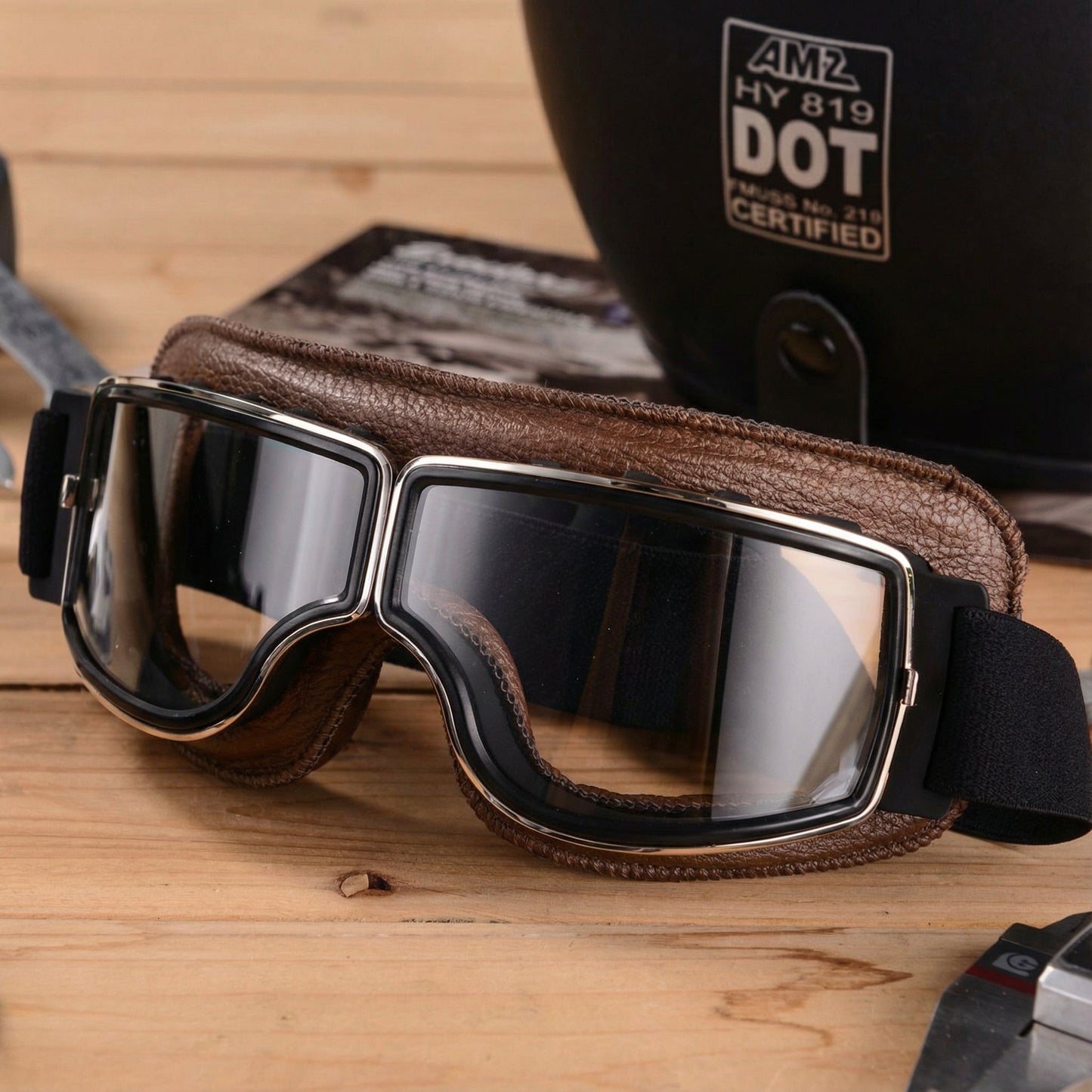 Retro Motorgoggles met Leren Frame en Splintervrije Glazen | Vintage Motorbril Wind- en Stofbestendig