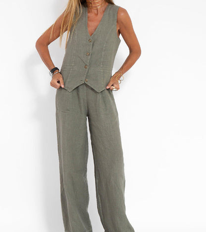 Linnen Set Dame Mouwloos V-Hals Gilet en Wijde Broek