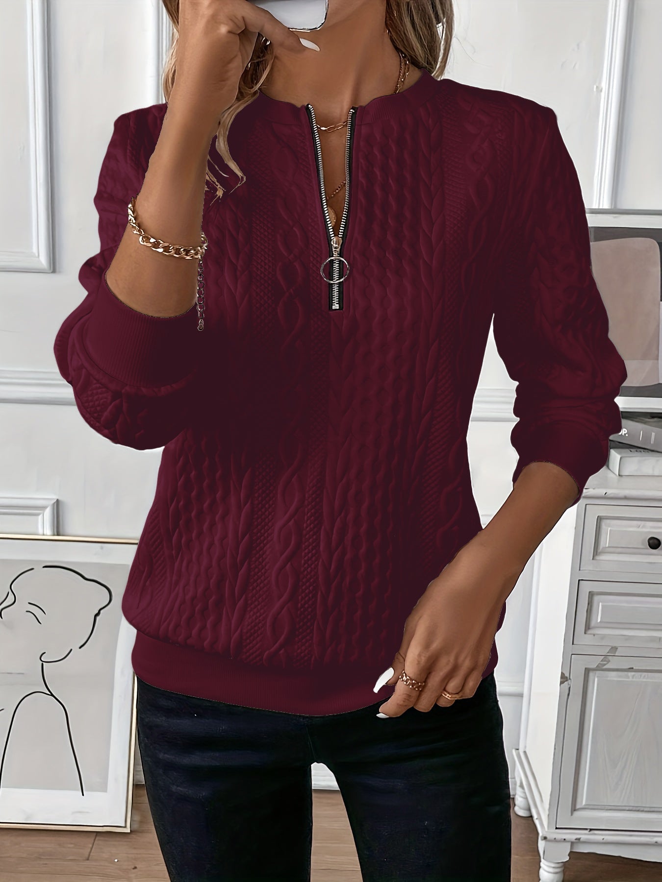 Dames Sweater Top met Rits en Kabel Brei Patroon