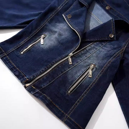 Dames Bikerjas Donkerblauw Denim Slimfit Model