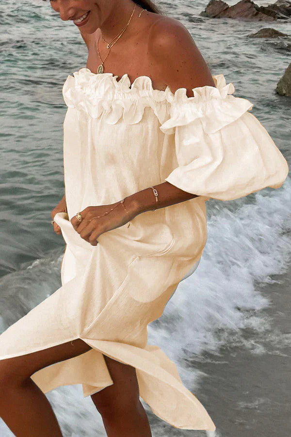 Zomerjurk Linnen Off-the-Shoulder Ruches Vrouwenjurk - StudioMarella