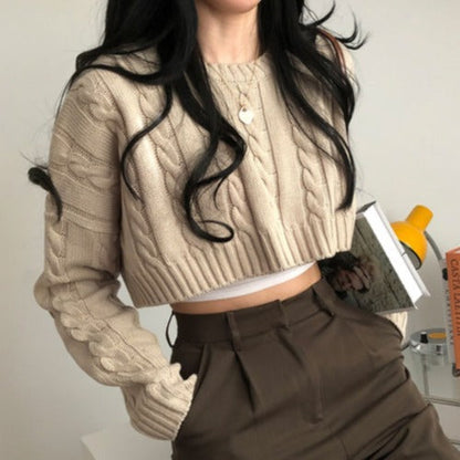 Dames Trui Kabelpatroon Cropped Ronde Hals Trendy
