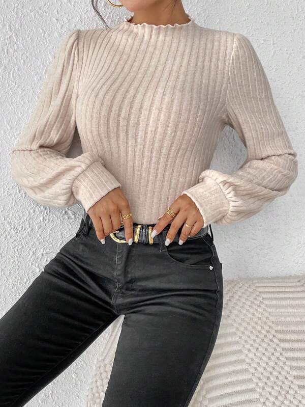 Dames Top met Pofmouwen en Geribde Fit