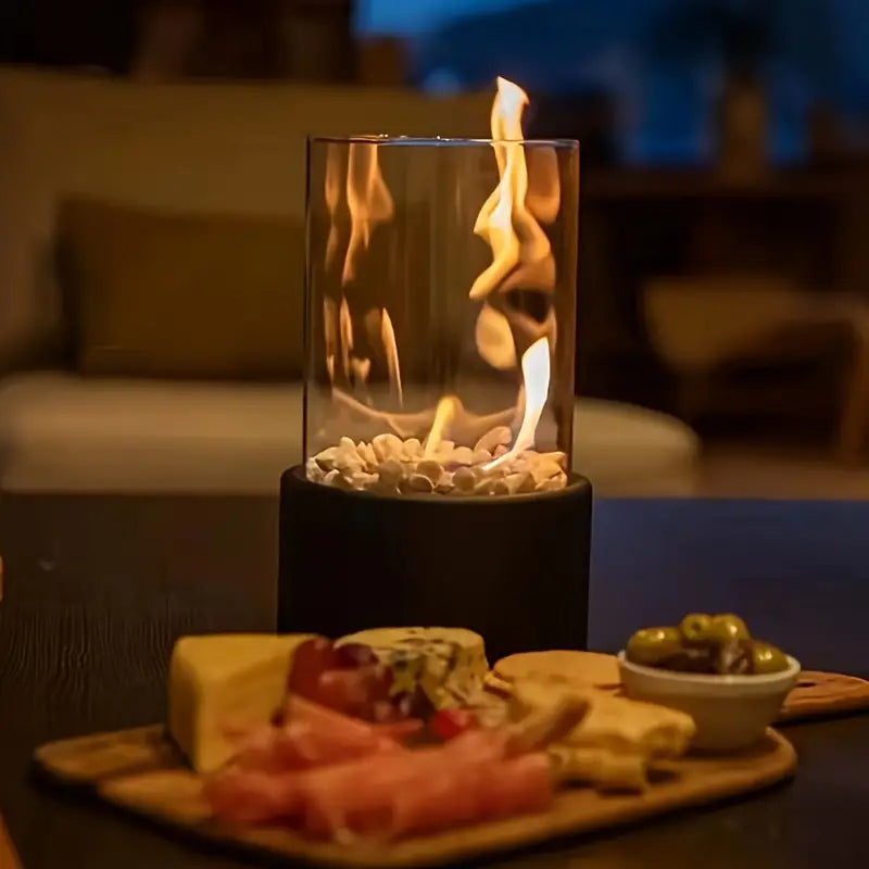 Moderne Bio Ethanol Tafelhaard Met Glazen Cilinder En Rookvrije Vlam Voor Binnen En Buiten Sfeerverwarming