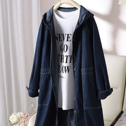 Dames Lange Denim Jas met Capuchon Casual Stoer